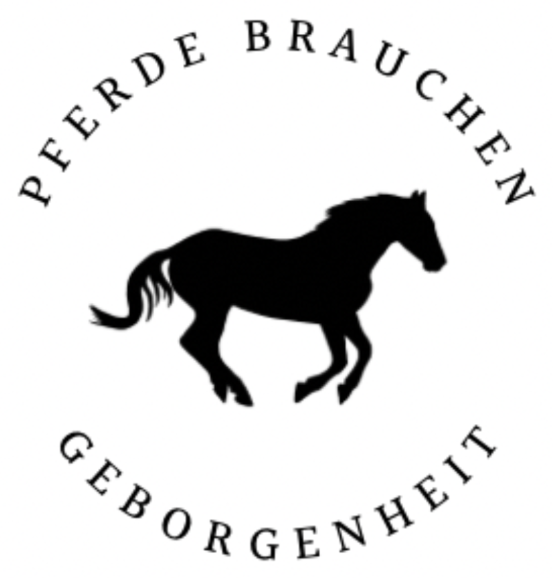 Ein Logo mit schwarzem galoppierendem Pferd und als kreisförmige Schrift »Pferde brauchen Geborgenheit«