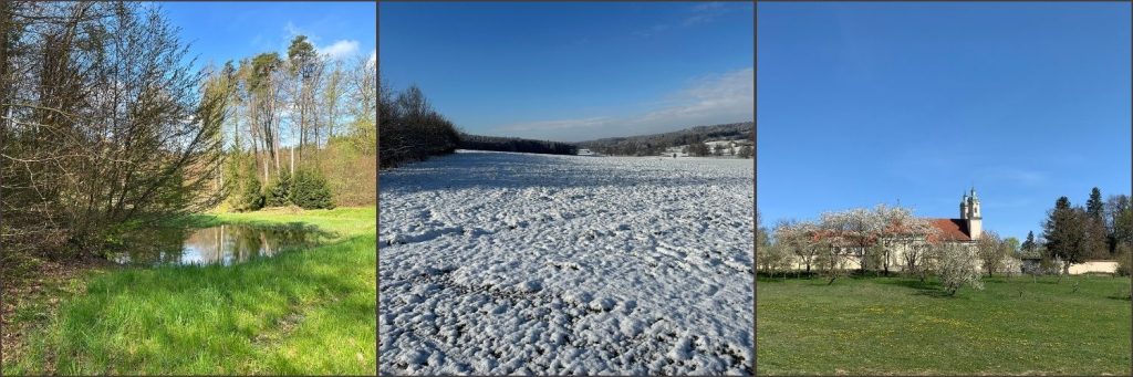 Fotos von Augsburgs Westlichen Wäldern linkes Foto: Wiese, kleiner Teich und Bäume, mittleres Foto: Schneefläche mit Bäumen am Rand und blauem Himmel, rechtes Bild: Wiese, blühende Bäume und ein Kloster im Hintergrund