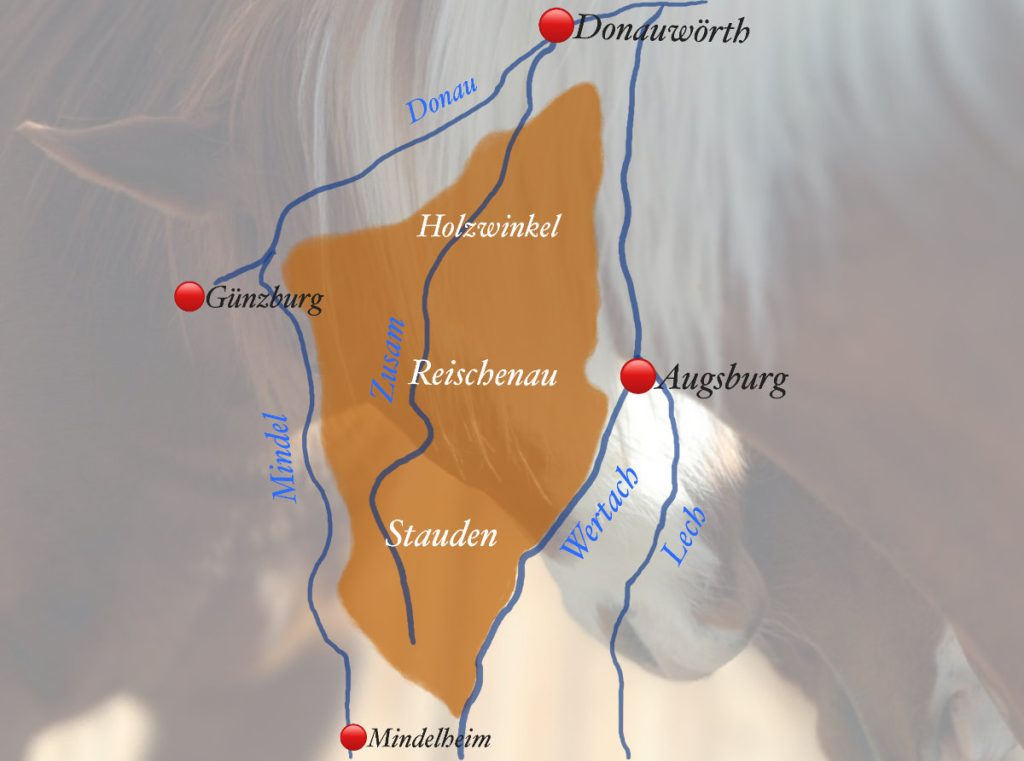 Karte Naturpark Augsburg Westliche Wälder Karte vom Naturpark Augsburg Westliche Wälder, im Hintergrund zwei Pferdeköpfe, die sich liebkosen.