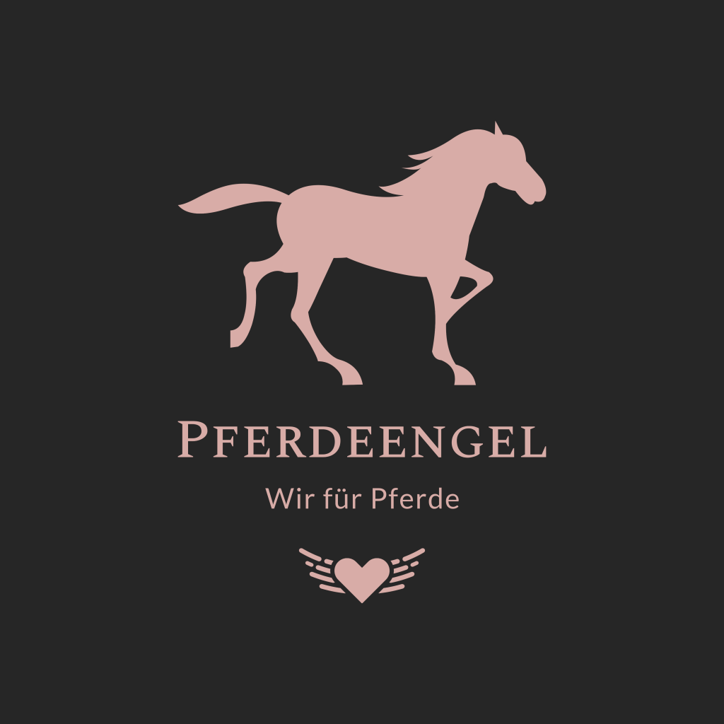 Rosa trabendes Pferd, Schriftzug von Pferdeengel, darunter ein rosa Herz