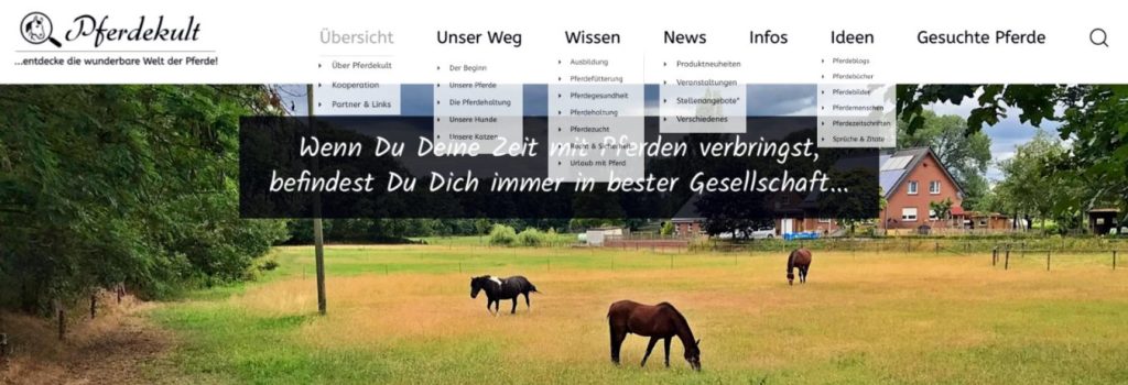 Kopfzeile von Pferdekult.de mit ausgeklapptem Inhalt. Hintergrundbild eine Koppel mit drei Pferden und dem Pferdehof.