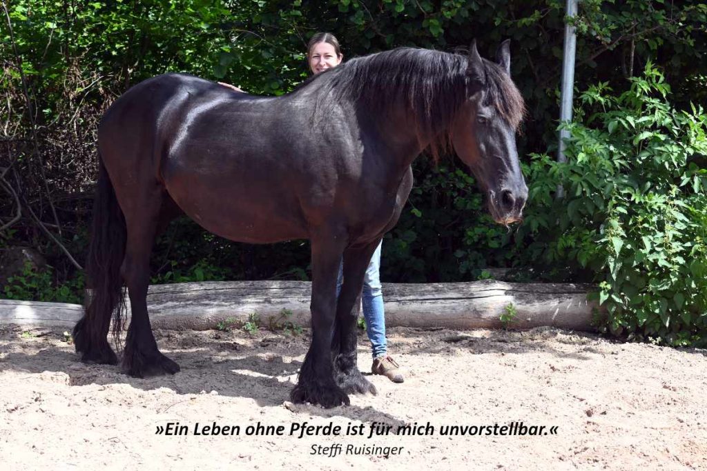 Dunkler Friese steht auf Sandplatz, dahinter steht eine blonde Frau und im Hintergrund grüne Büsche.