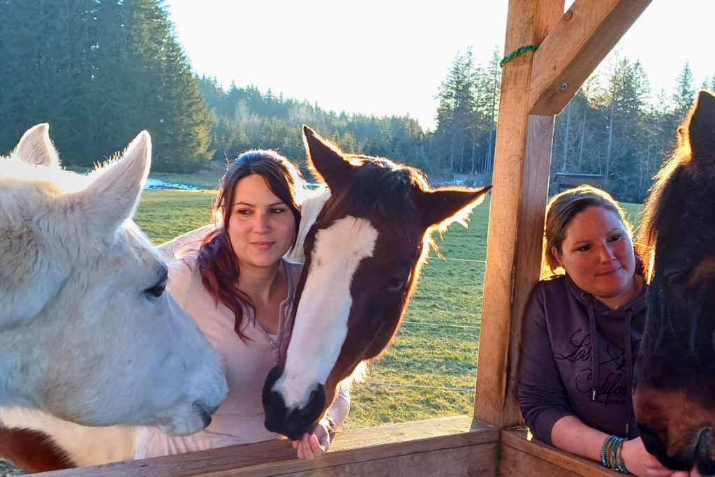Zeit mit Pferden zwei Frauen und drei Pferde an einer Heuraufe. Im Hintergrund Wald und Wiese.