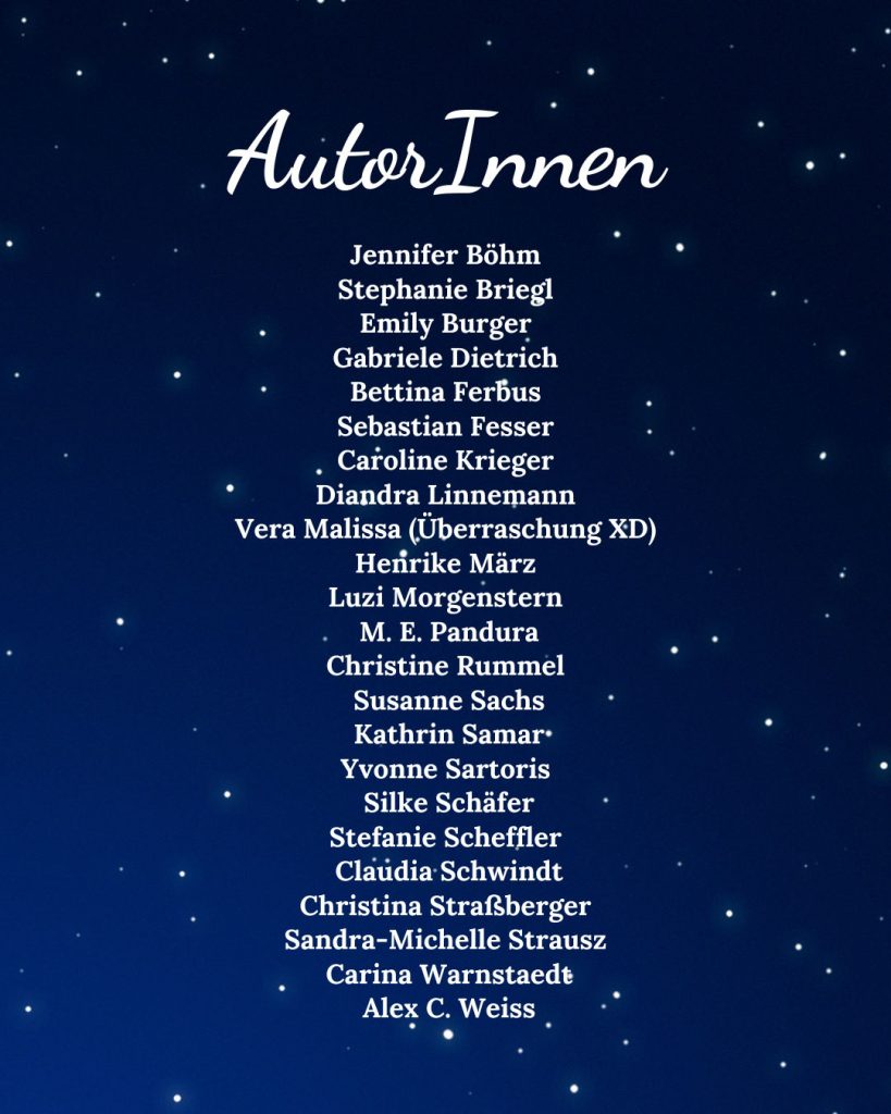 Autorinnen von Wundervolle Tiere und ihre Welten Auflistung der AutorInnen, Hintergrund ist ein Sternenhimmel
