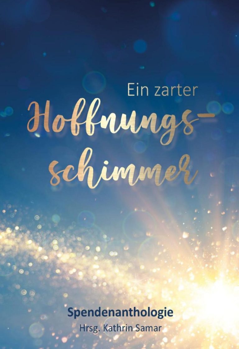 Cover »Ein zarter Hoffnungsschimmer« Goldener Schriftzug auf blauem Hintergrund und glitzernde Sonne links unten