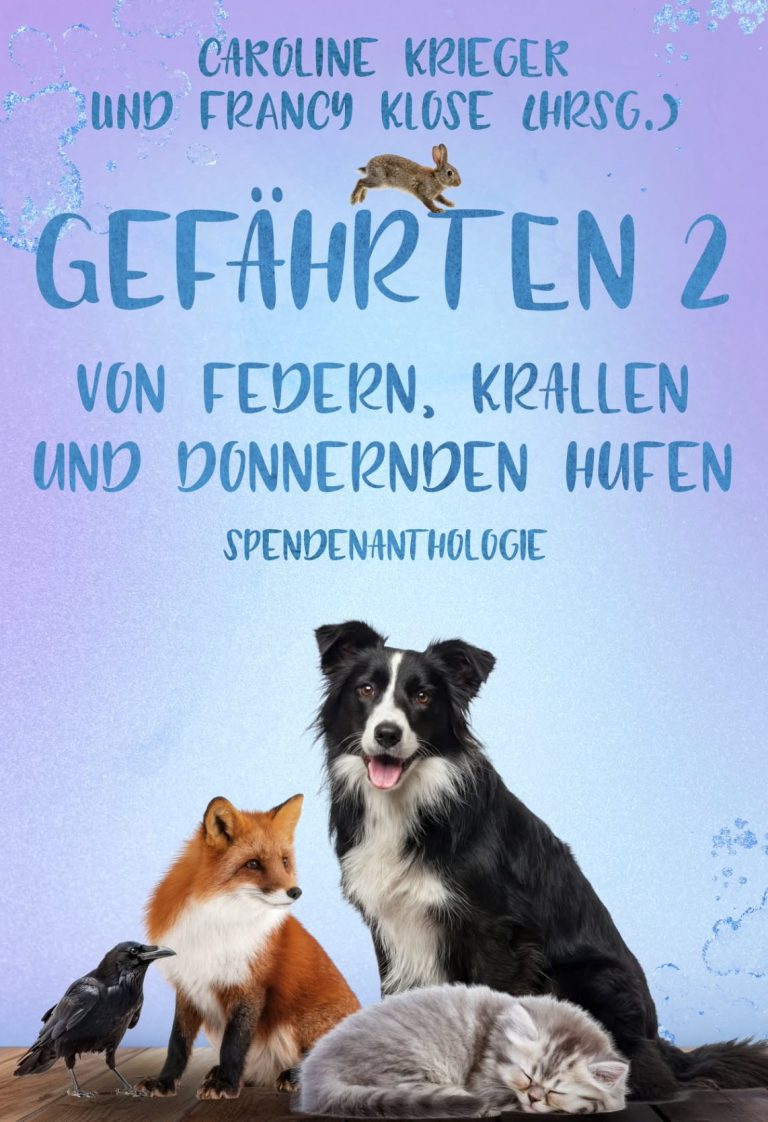Cover von Gefährten 2 1 Rabe, 1 Fuchs, 1 Hund und 1 Katze sitzen unten im Bild, 1 Kaninchen springt auf dem Schriftzug des Covers
